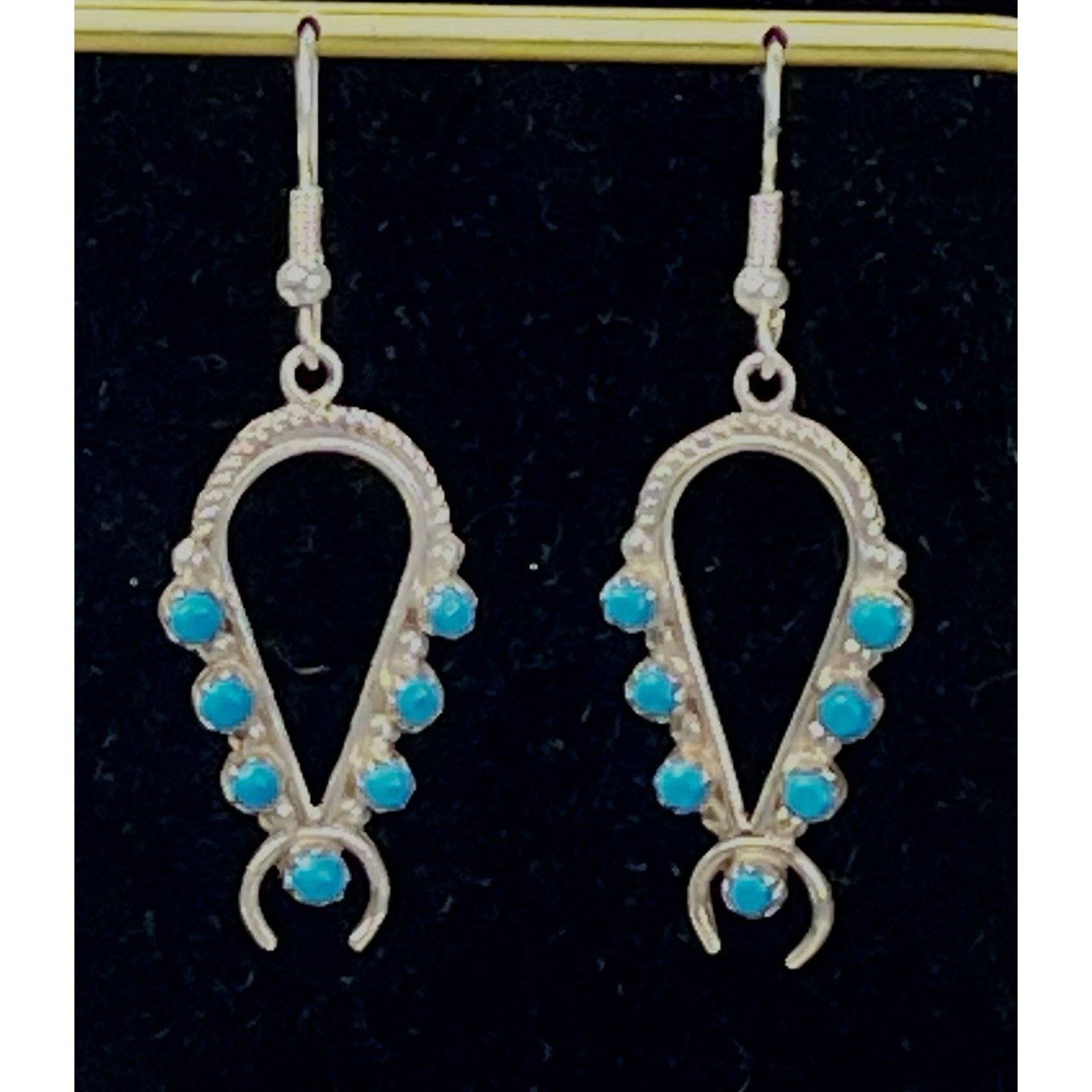 Navajo Sterling Silver Turquoise Squash Blossom Naja Dangle Hook Earrings Signed 130$